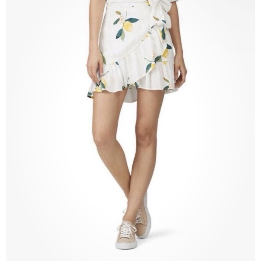 Rails Etienne Lemon Grove Print Wrap Mini Skirt Ruffle M White Yellow